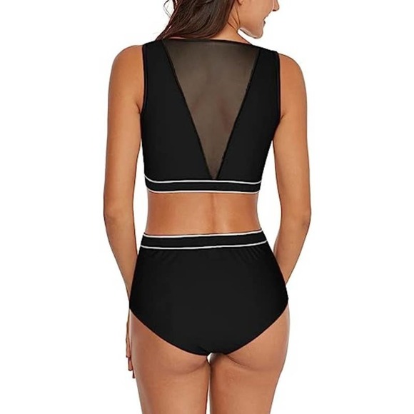 NEW Ladies Contrast Black and White Mesh Accent Tankini Large - Picture 10 of 11